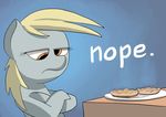  annoyed blonde_hair denied derp derpy_hooves_(mlp) docwario english_muffin english_muffins english_text equine female feral food friendship_is_magic hair horse mammal muffin my_little_pony nope plain_background plate pony reaction_image solo stern sulking table text unimpressed yellow_eyes 