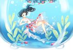  barefoot black_hair blue_eyes bubble dress emia_wang fishbowl floating_hair in_container long_hair original solo submerged water 