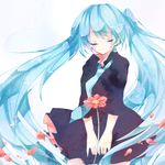  aqua_hair bad_id bad_pixiv_id choko_(alice_vessaliuss) closed_eyes flower hatsune_miku highres long_hair necktie saihate_(vocaloid) simple_background skirt solo tears twintails very_long_hair vocaloid white_background 