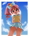  arms_behind_back chisato_(missing_park) day from_below jewelpet_(series) jewelpet_kira_deco! long_hair looking_down oomiya_pink open_mouth panties pantyshot pink_eyes pink_hair skirt sky smile solo underwear white_panties 