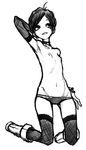  amy_obscena armpits boots fishnets flat_chest highres kneeling lingerie monochrome nipples panties pose short_hair simple_background skinny thighhighs underwear wabaki wabaki88 white_background 