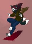  4_toes canine claws clothed clothing ear_piercing female hair hindpaw hoodie jeans mammal multiple_tails pants paws piercing purple_hair sefeiren solo toes wings zipper 