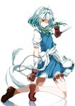  apron asuku_(69-1-31) braid chain codec007 colorized gloves highres izayoi_sakuya kneeling knife looking_at_viewer maid_headdress red_eyes ribbon short_hair silver_hair simple_background solo stopwatch thigh_strap touhou twin_braids waist_apron watch white_background 