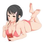  ass bad_id bad_pixiv_id barefoot bikini black_hair blush box breasts brown_eyes butt_crack feet feet_up food full_body hair_ornament hairclip iwamochi large_breasts looking_at_viewer lying mouth_hold on_stomach original plantar_flexion pocky short_hair side_ponytail simple_background smile soles solo swimsuit white_background 