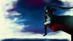  black_hair black_rock_shooter blue_eyes boots clouds kuroi_mato shorts sky twintails 