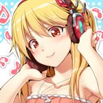  bare_shoulders beamed_sixteenth_notes blonde_hair character_request chobipero copyright_request eighth_note headphones long_hair lowres musical_note red_eyes smile solo 