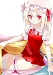  absurdres blonde_hair blush flandre_scarlet garters hair_ribbon hat highres kotatsu oouso parted_lips puffy_sleeves red_eyes ribbon scan side_ponytail sitting skindentation slit_pupils solo table thighhighs touhou white_legwear wings 