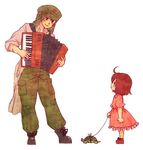  1girl accordion ahoge blush boots brown_hair child colored_pencil_(medium) instrument leash music original playing_instrument short_hair simple_background smile star terrajin traditional_media turtle white_background 