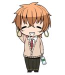  :d bottle chibi closed_eyes commentary earrings erubo hand_behind_head hoop_earrings jewelry lowres male_focus necktie open_mouth orange_hair original pants ryan_bartlett school_uniform simple_background smile solo water_bottle white_background 