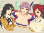  ;p arms_behind_head ayane_(doa) bandaid bandaid_on_forehead bare_shoulders black_hair blue_eyes blush bra breast_hold breasts brown_eyes casual cleavage crossed_arms dead_or_alive dead_or_alive_5 elbow_gloves gloves hands_on_hips headband kokoro_(doa) large_breasts long_hair mila_(doa) multiple_girls ninja one_eye_closed purple_hair raglan_sleeves red_eyes red_hair ribbon school_uniform see-through short_hair simple_background tongue tongue_out translation_request underwear upper_body zuratan 