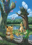  butterfree chikorita cloud clouds cyndaquil dragonite dratini forest grass happy lake larvitar nature nintendo no_humans pokemon raichu servine sneasel totodile 