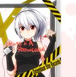  against_glass album_cover bare_shoulders breasts caution_tape cover digital_media_player elbow_gloves fingerless_gloves gloves headphones highres long_hair marker medium_breasts original ponytail red_eyes silver_hair sleeveless smile solo wk_(low-f) 