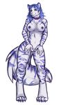  anthro blue_eyes blue_hair breasts canine claws collar digitigrade feline female fox fur hair hindpaw hybrid kira_swiftpaw mammal nipples nude paws plain_background pussy solo standing stripes tiger toes tomoyokinomoto white_background white_fur 