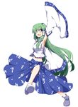  arm_up armpits blue_eyes blush chata_maru_(irori_sabou) detached_sleeves frog_hair_ornament green_hair hair_ornament kochiya_sanae long_hair long_sleeves looking_at_viewer midriff navel open_mouth shirt skirt skirt_set smile snake_hair_ornament solo touhou very_long_hair wide_sleeves 