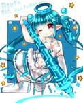  anniversary blue blue_hair bracelet breasts choker dearoliha english hair_ornament halo highres jewelry long_hair looking_at_viewer medium_breasts navel one_eye_closed pink_eyes pixiv pixiv-tan pointy_ears skirt smile solo star stylus thighhighs twintails very_long_hair 