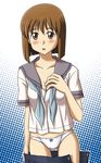  blush bob_cut bow bow_panties bra brown_eyes brown_hair hagiwara_yukiho idolmaster idolmaster_(classic) lace lace-trimmed_bra lielos looking_at_viewer neckerchief open_clothes open_mouth open_shirt panties pleated_skirt school_uniform serafuku shirt skirt skirt_pull solo standing underwear undressing white_bra white_panties 