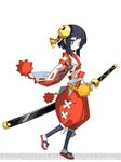  1girl attouteki_yuugi_mugen_souls black_hair blue_eyes blush compile_heart crescent hair_ornament hairpin harada_takehito izayoi_tsukika japanese_clothes miko mugen_souls official_art pom_pom_(clothes) sandals short_hair shy solo sword weapon white_background 