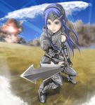  1girl armor blue_eyes blue_hair breasts cleavage knight long_hair mal_(mal7) richelle sword valkyrie_profile valkyrie_profile_2 warrior weapon 