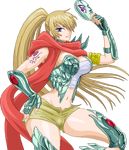  1girl armor blue_eyes breasts crane_yuzuriha fingerless_gloves gloves large_breasts long_hair lost_cambas lowres mask midriff ponytail saint_seiya scarf short_shorts shorts solo warner yuzuriha 