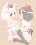  animal_ears black_hair blush chitetan hat inubashiri_momiji multiple_girls open_clothes red_eyes shameimaru_aya short_hair tokin_hat touhou wolf_ears yuri 