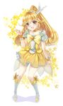  bike_shorts blonde_hair boots bow choker cure_peace hair_flaps highres kise_yayoi long_hair magical_girl open_mouth ponytail precure skirt smile smile_precure! solo star tage_(meyasubako) tiara v wrist_cuffs yellow yellow_bow yellow_eyes yellow_skirt 