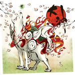  animal fire issun kinakomoti no_humans ookami_(game) petals wolf 