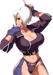  angel angel_(kof) blue_eyes breasts cleavage erect_nipples fighter finger_to_mouth fingerless_gloves gloves king_of_fighters kof large_breasts lowres midriff panties simple_background smile snk solo tongue underwear warner white_hair 