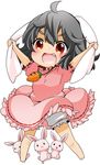  :3 ahoge animal_ears arms_up barefoot berry_jou black_hair bloomers blush bunny bunny_ears carrot carrot_necklace chibi dress ear_pull fang inaba_tewi jewelry necklace open_mouth pendant pink_dress puffy_sleeves red_eyes short_sleeves smile solo touhou underwear 