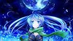  bad_id bad_pixiv_id blue_eyes blue_hair floating_hair full_moon green_scarf hands_on_own_chest haruhi_ayame hatsune_miku long_hair moon night night_sky scarf sky solo twintails vocaloid 