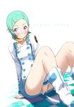  aqua_hair boots checkered checkered_floor copyright_name covering covering_crotch dress dress_tug eureka eureka_seven eureka_seven_(series) hair_ornament hairclip on_floor pink_eyes short_hair sitting solo white_footwear yuuzii 