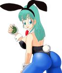  1girl animal_ears ass bare_shoulders blue_eyes breasts bulma bunny bunny_ears bunnysuit dragon_ball erect_nipples large_breasts long_hair lowres playboy simple_background solo warner 