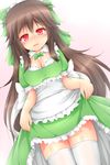  absurdres akkii_(meragold) alternate_costume apron bad_id bad_pixiv_id blush bow breasts brown_hair cleavage hair_bow highres maid maid_headdress medium_breasts open_mouth red_eyes reiuji_utsuho skirt skirt_lift smile solo thighhighs third_eye touhou wings 