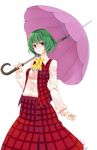  ascot blouse breasts crote frills green_hair highres holding kazami_yuuka long_sleeves looking_at_viewer medium_breasts open_clothes open_vest plaid plaid_skirt red_eyes short_hair skirt skirt_set smile solo touhou transparent_background umbrella vest 