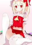  absurdres arm_support ascot blush condom condom_in_mouth cum cum_on_body flandre_scarlet hat highres looking_at_viewer midriff mouth_hold navel non-web_source oouso panties pantyshot pantyshot_(sitting) red_eyes scan side_ponytail sitting skirt skirt_set slit_pupils solo thighhighs touhou underwear used_condom white_legwear white_panties wings 