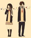  1girl bad_id bad_pixiv_id black_hair blush couple earphones headphones hetero highres necktie original rikuwo scarf school_uniform 
