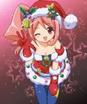  ;d bell blush breasts chisato_(missing_park) christmas cleavage gloves hat jewelpet_(series) jewelpet_kira_deco! lips lipstick looking_at_viewer makeup medium_breasts one_eye_closed oomiya_pink open_mouth red_gloves santa_costume smile solo star 