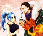  1boy 1girl amputee bare_shoulders black_hair blue_eyes blue_hair breasts coat hook hook_hand long_hair nefertari_vivi one_piece open_mouth ponytail sameo_(sen-k) scar shichibukai short_hair sir_crocodile yellow_eyes 