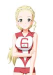  blonde_hair breasts brown_eyes cowboy_shot girls_und_panzer hair_pulled_back hairband long_hair medium_breasts ponytail red_shorts sasaki_akebi shirt short_shorts shorts sleeveless sleeveless_shirt smile sportswear standing takasugi_rinko volleyball_uniform white_background 