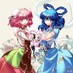  absurdres bandages blue_eyes blue_hair breasts bun_cover chain chinese_clothes cuffs double_bun dress flower hair_ornament hair_rings hair_stick heart heart_hands heart_hands_duo highres holding_hands ibaraki_kasen kaku_seiga large_breasts multiple_girls open_mouth pink_eyes pink_hair puffy_sleeves raionsan rose shawl short_hair short_sleeves skirt smile tabard touhou vest 