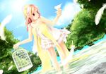  ahira_yuzu bird cage day dove dress feathers hairband long_hair orange_eyes orange_hair original ribbon sky smile solo tree water 