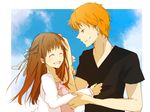  1boy 1girl brown_eyes brown_hair couple duo eyes_closed frills fruits_basket honda_tooru long_hair open_mouth orange_hair ribbon shirt short_hair smile sohma_kyo souma_kyou t-shirt 