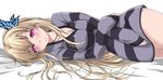  alternate_eye_color blonde_hair blush boku_wa_tomodachi_ga_sukunai breasts butterfly_hair_ornament cleavage gakky hair_ornament kashiwazaki_sena long_hair lying medium_breasts pink_eyes smile solo striped 