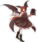  argyle argyle_legwear book book_stack boots cup dress full_body head_wings inazakura00 koakuma long_hair looking_at_viewer pantyhose pointy_ears red_eyes red_hair simple_background sketch solo teacup teapot touhou tray white_background white_legwear wings 