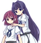  blue_hair hirose_sumire kuromu_(cr0711) long_hair miyanaga_teru multiple_girls red_hair saki shiraitodai_school_uniform short_hair 