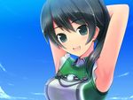 :d armpits arms_behind_head arms_up blush breasts cloud day green_eyes green_hair long_hair looking_at_viewer medium_breasts open_mouth palette_suit ponytail saegusa_wakaba sky smile solo unikurage vividred_operation 