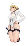  artoria_pendragon_(all) blonde_hair blush breasts covered_nipples fate/stay_night fate/unlimited_codes fate_(series) garter_straps green_eyes haruhisky high_heels highres medium_breasts ribbon saber saber_lily shoes solo sweatdrop sword weapon 