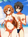  1girl asuna_(sao) beach bikini black_hair brown_eyes brown_hair couple day gacchi_(supergatchi) hetero holding_hands kirito male_swimwear short_hair swim_briefs swimsuit swimwear sword_art_online 