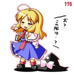  :3 =_= alice_margatroid alice_margatroid_(cosplay) blonde_hair blush book chibi closed_eyes cosplay hat hat_removed headwear_removed holding holding_book kirisame_marisa simple_background smile solo takasegawa_yui touhou translated white_background witch_hat 