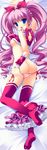  absurdres blue_eyes blush bow breasts choker cure_melody dakimakura drill_hair earrings frills highres houjou_hibiki huge_filesize jewelry long_hair looking_back medium_breasts nipples no_bra no_pussy open_mouth panties pink_bow pink_choker pink_hair precure red_bow red_legwear red_panties scan shiny shiny_skin shirt_lift skindentation skirt skirt_around_one_leg solo striped striped_panties suite_precure thighhighs twin_drills twintails underwear yukie_(peach_candy) 