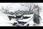  grass hat inubashiri_momiji sasaj shield short_hair snow solo standing sword tail touhou tree water weapon white_hair wolf_tail 